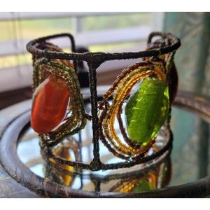 Vintage Colorful Glass Artistic Bronze Cuff Bracelet